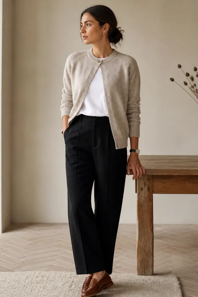 A layered look: black linen pants with a crisp hem, an oatmeal cardigan buttoned at the top, and a white crew tee tucked slightly under the cardigan. Brown loafers and a simple watch are shown. The fabric textures are clearly visible.