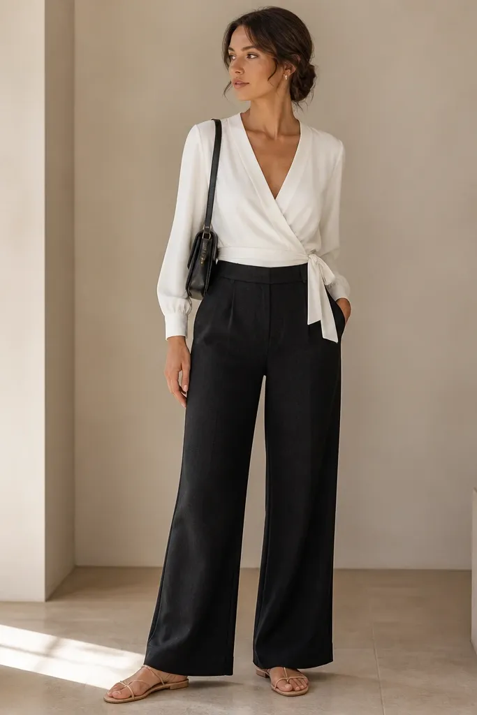 A women's office look: black linen pants with a tailored waistband, a white wrap blouse with a tie at the side, and nude strappy flats. A small structured shoulder bag in black is on the shoulder.
