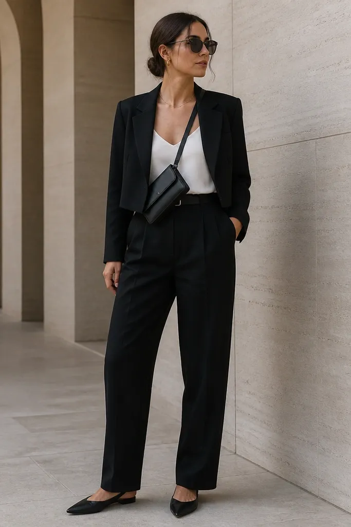A sharp layered look: black linen pants, a white camisole tucked at the waist, a cropped black blazer with clean lapels, and pointed toe flats in black. A sleek belt bag is worn crossbody.