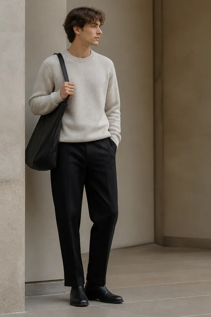 A colder-weather outfit: black linen pants, an oatmeal crewneck sweater with a clean rib collar, and black Chelsea boots with elastic sides. A dark tote bag hangs from the shoulder.