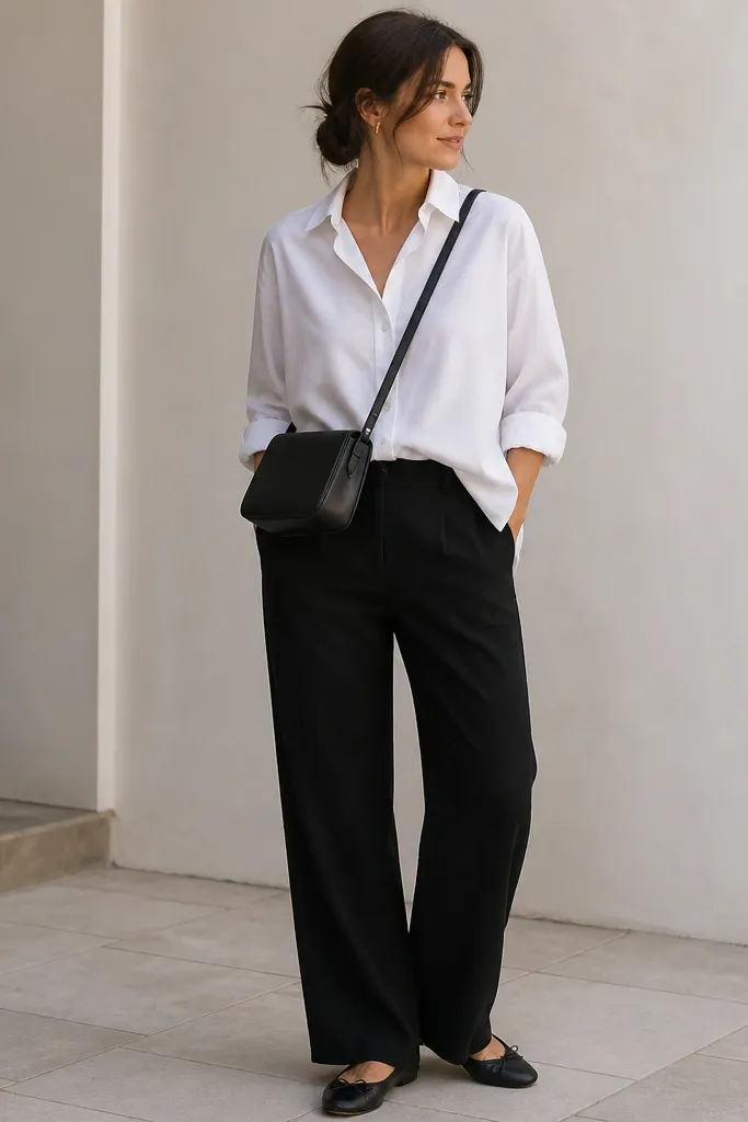 A casual-polished look: black linen pants, an oversized white button-down worn with a half tuck, a black leather crossbody bag across the torso, and black ballet flats. The shirt sleeves are rolled once.