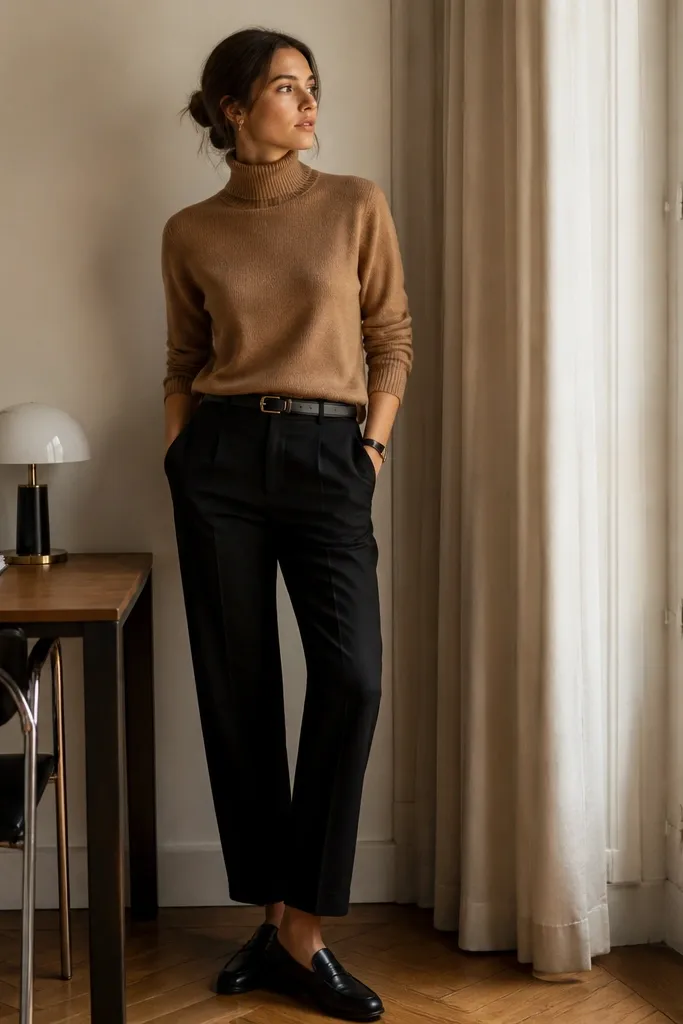 A warm-toned office outfit: black linen pants, a camel turtleneck knit sweater, and black leather loafers. A simple black watch and a slim belt are visible.