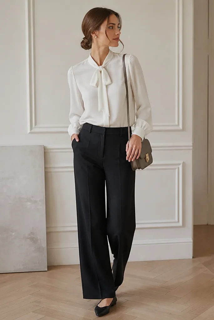 A feminine office look: black linen pants, a white blouse with a small bow at the neck, pointed flats in black or dark nude, and small pearl stud earrings. A compact handbag sits at the hip.