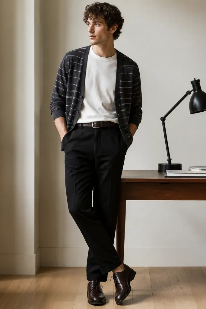 A layered menswear-inspired outfit: black linen pants, a white tee tucked slightly, a charcoal striped cardigan worn open, and dark brown lace-up shoes. A slim belt is visible and a desk lamp background suggests an office.