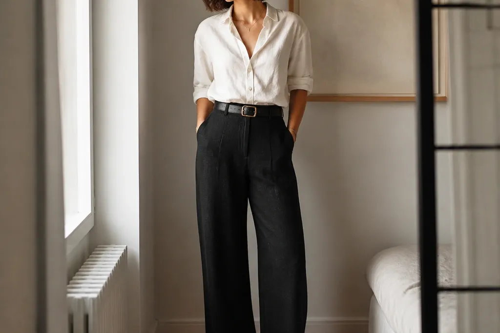 Small-space black linen pants outfit work