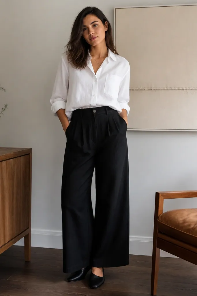Small-space black linen pants outfit work