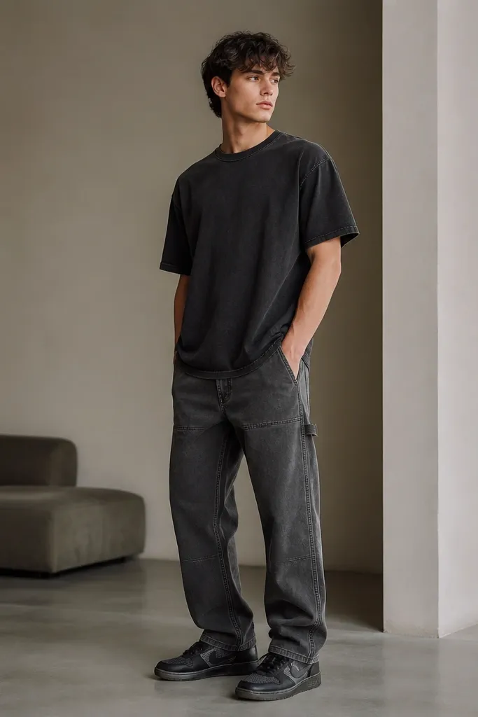 A model wearing a faded black crewneck tee, charcoal carpenter pants with knee-length hammer loop detail, and black Travis Scott sneakers. The lighting is indoor and shows the suede texture on the shoes.