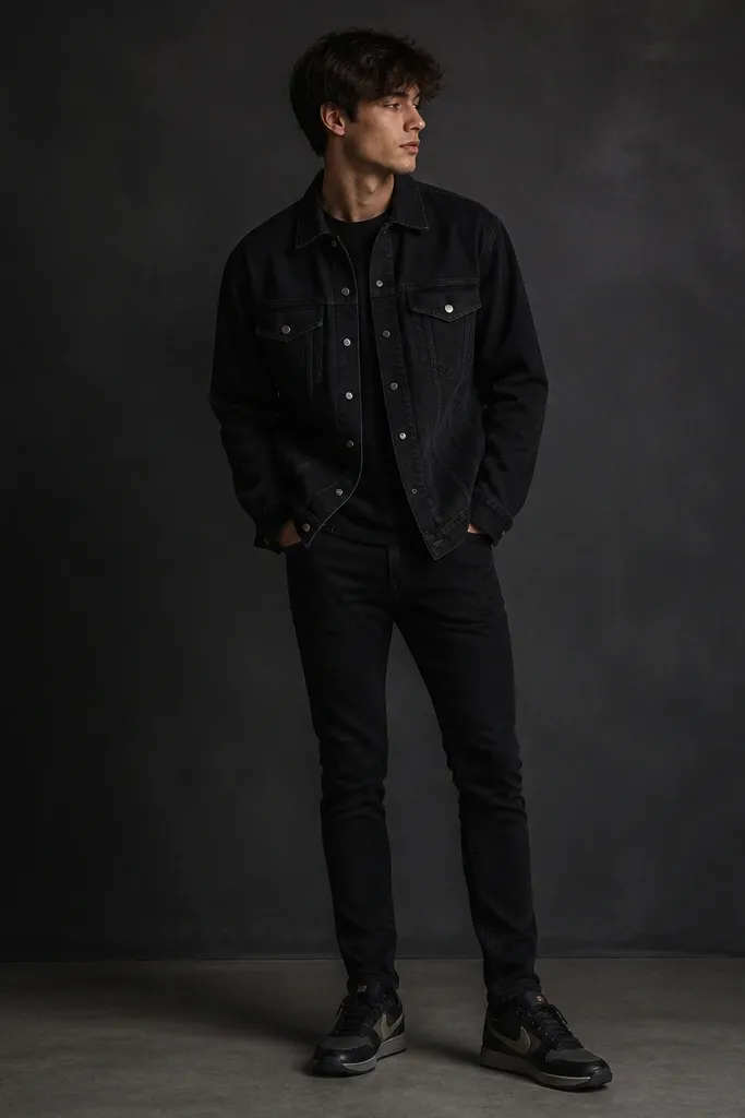 A person in a black denim overshirt with buttoned front and chest pockets, paired with slim black jeans. Black Travis Scott shoes sit low and clean against a dark background.