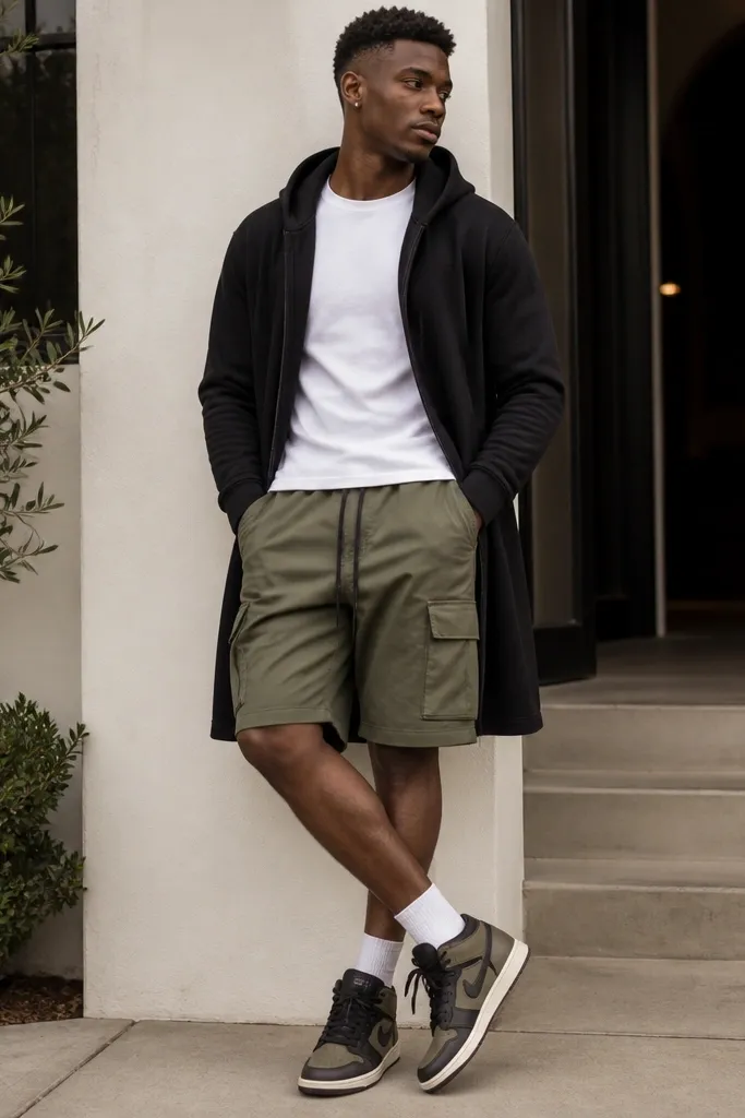 A summer outfit with olive cargo shorts and a black longline hoodie worn open at the front. The model's black Travis Scott sneakers are clearly visible with laces tied neatly.