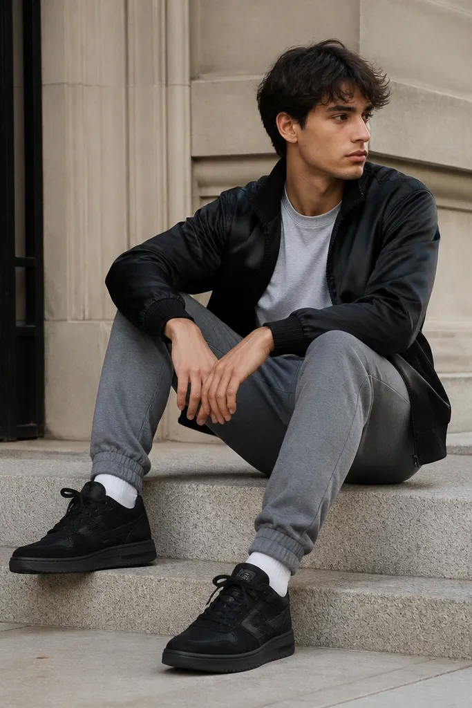 A black satin track jacket with a slight sheen worn over a light grey tee, paired with grey tapered sweatpants. Black Travis Scott sneakers show the suede paneling clearly.