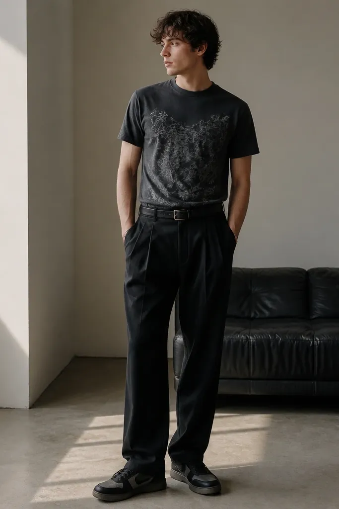 A fitted graphic tee in dark tones tucked into black pleated trousers. The model wears black Travis Scott sneakers and a thin black belt.