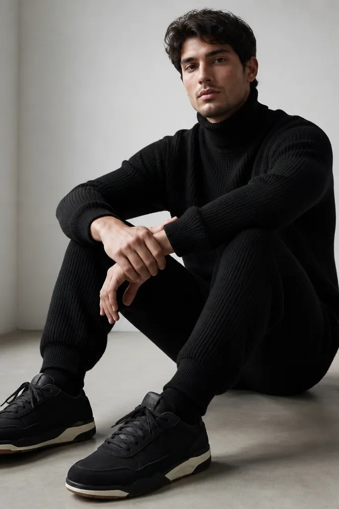 A black ribbed turtleneck sweater worn with black ribbed knit joggers. Black Travis Scott shoes are the only bold item, shown with dark laces.