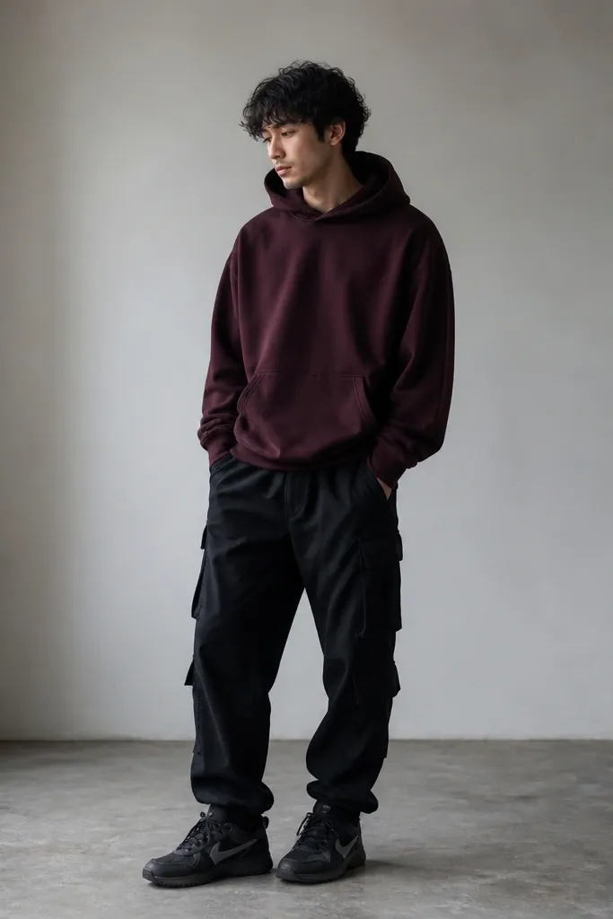 A burgundy pullover hoodie layered over black cargo pants with multiple pockets. The model wears black Travis Scott sneakers with laces tied tightly.