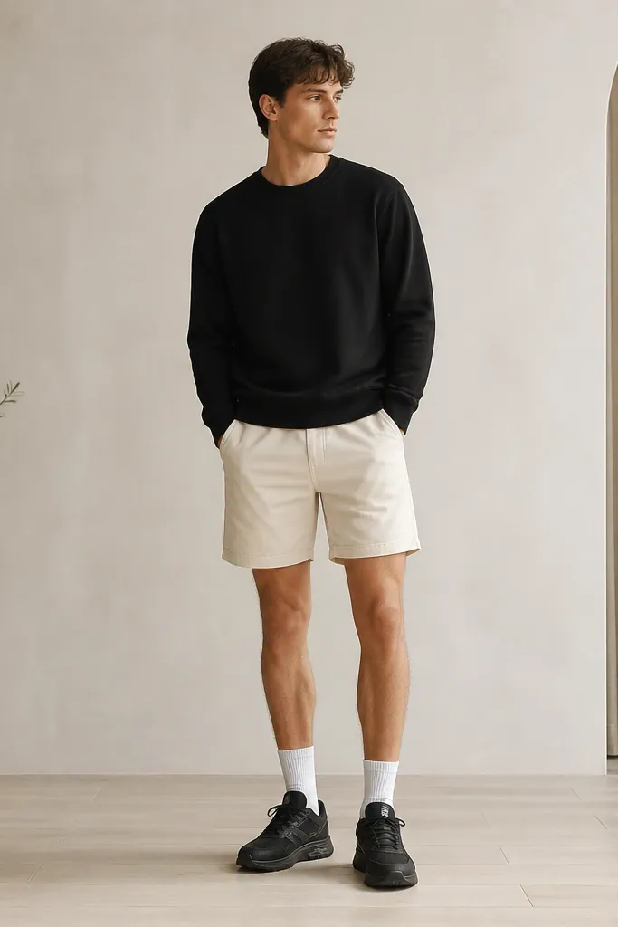 A black crewneck sweatshirt worn with cream chino shorts. The model's black Travis Scott shoes are centered and clean against light flooring.