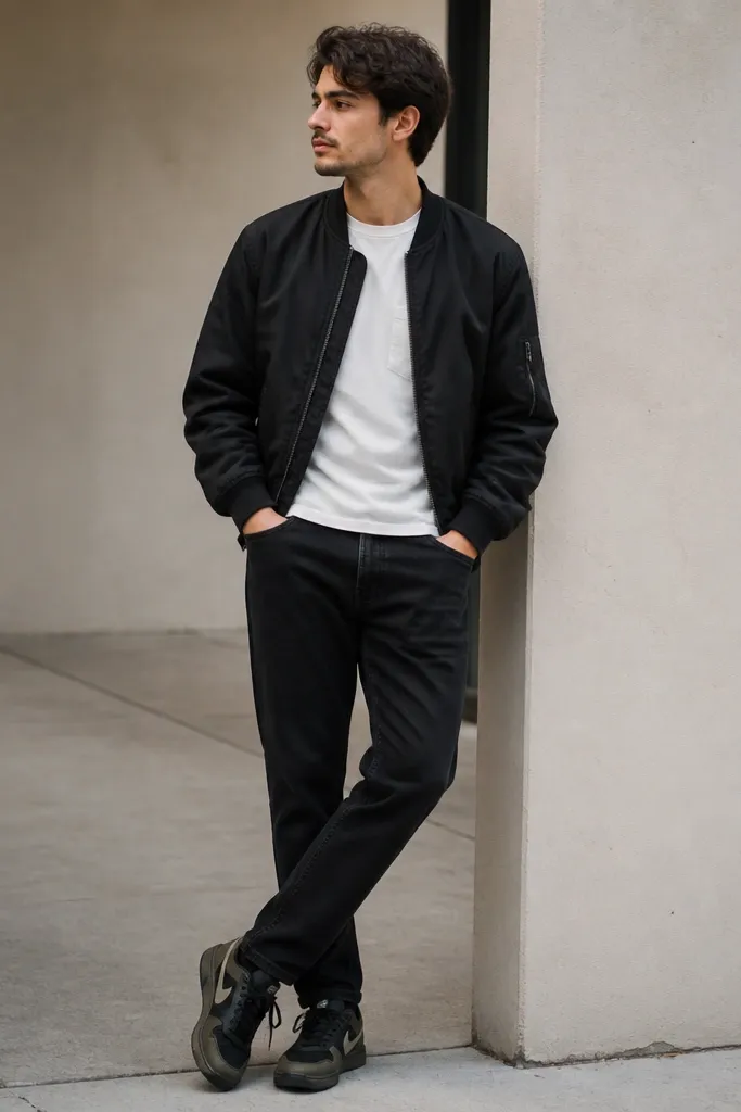 A black bomber jacket with ribbed cuffs over a white pocket tee. The person wears black jeans and black Travis Scott sneakers.