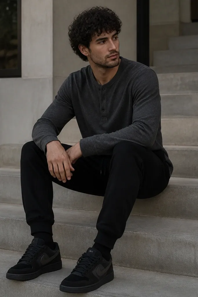 A charcoal henley with three buttons worn with black joggers that have elastic cuffs. Black Travis Scott shoes look grounded with dark laces.
