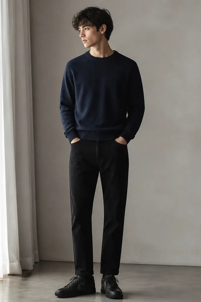 A navy crewneck sweater paired with black straight-leg jeans. The model wears black Travis Scott shoes with dark laces and a clean hem.