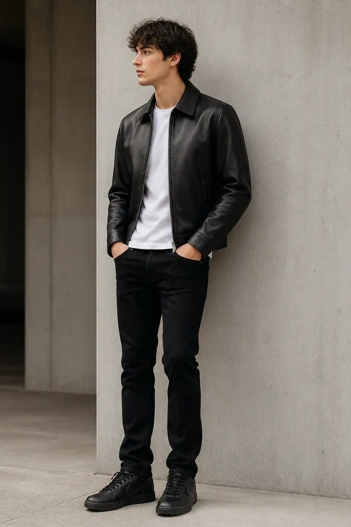 A black leather-look jacket over a white tee, paired with slim black denim jeans. Black Travis Scott sneakers are styled with a slight crease in the jeans hem.