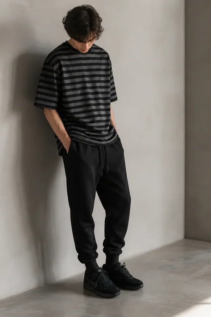 A black-and-grey striped crewneck tee worn with black sweatpants with a tapered leg. Black Travis Scott shoes are paired with dark socks.