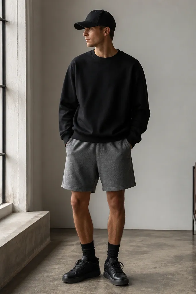 A black crewneck sweatshirt paired with grey wool-blend shorts. The model wears black Travis Scott shoes and a simple black cap.