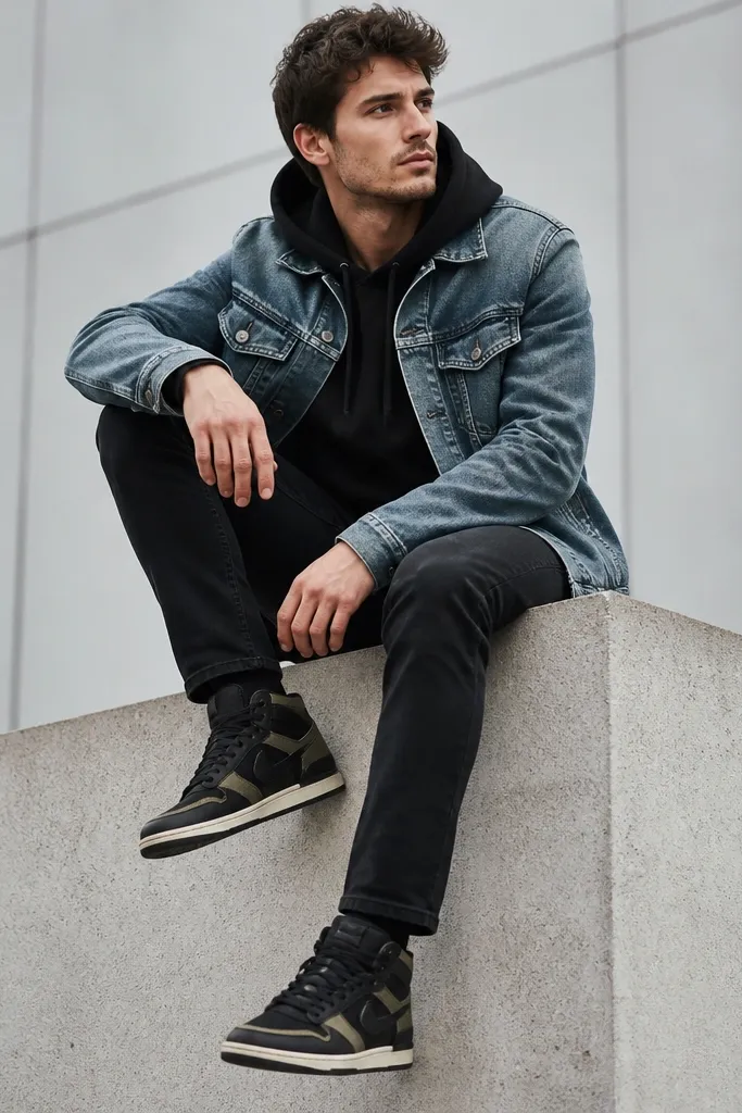 A black hoodie under a washed blue denim jacket. The model wears black Travis Scott shoes and black jeans for contrast.