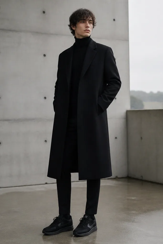 A black long coat over a black turtleneck and slim black trousers. The model wears black Travis Scott shoes with the coat hem sitting above the shoe tops.