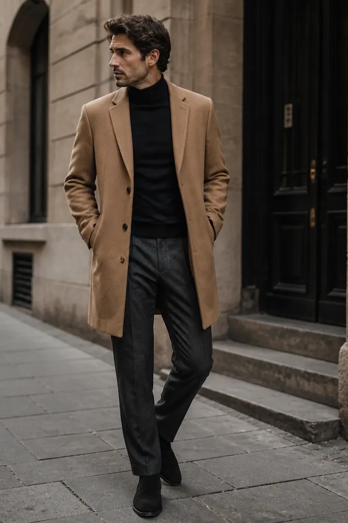 A man wearing black suede chelsea boots with a charcoal wool trouser that has a slight break, a fitted black turtleneck, and a camel short overcoat. The coat ends around mid-thigh, and the overall palette is black, charcoal, and camel with no bright colors.