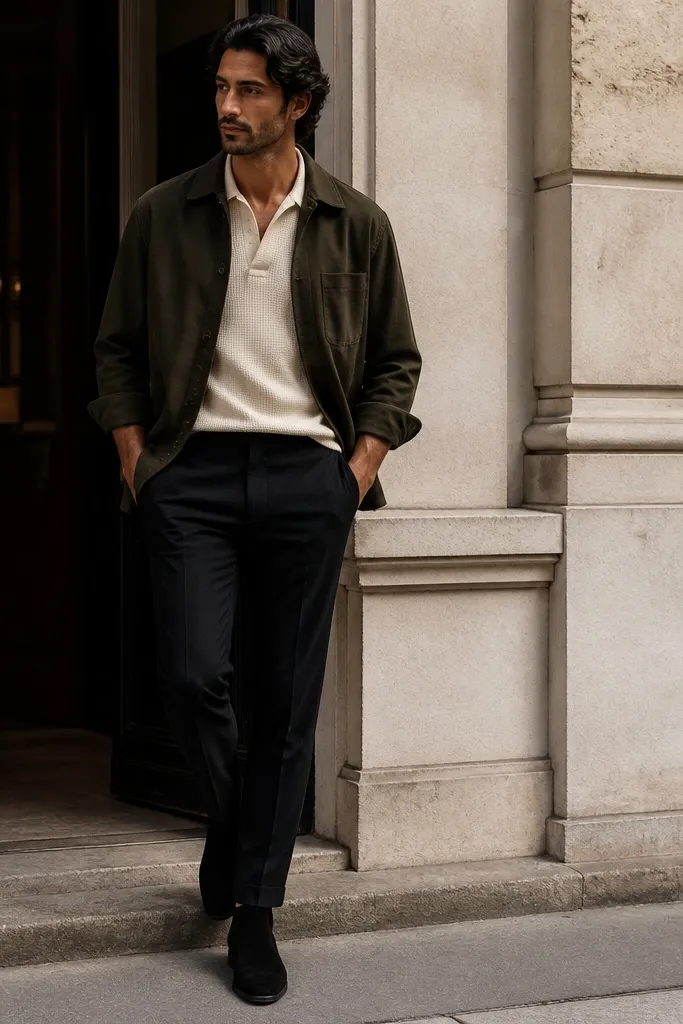 Black suede chelsea boots paired with black slim chinos, a cream knit polo shirt, and a dark olive overshirt. The overshirt is slightly boxy with rolled or relaxed sleeves, and the outfit looks casual but deliberate.
