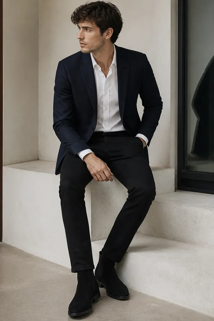 Black suede chelsea boots under black jeans with a subtle break, a navy blazer, and a white oxford button-down. The blazer is fitted at the shoulders, and the shirt collar is crisp with no tie.