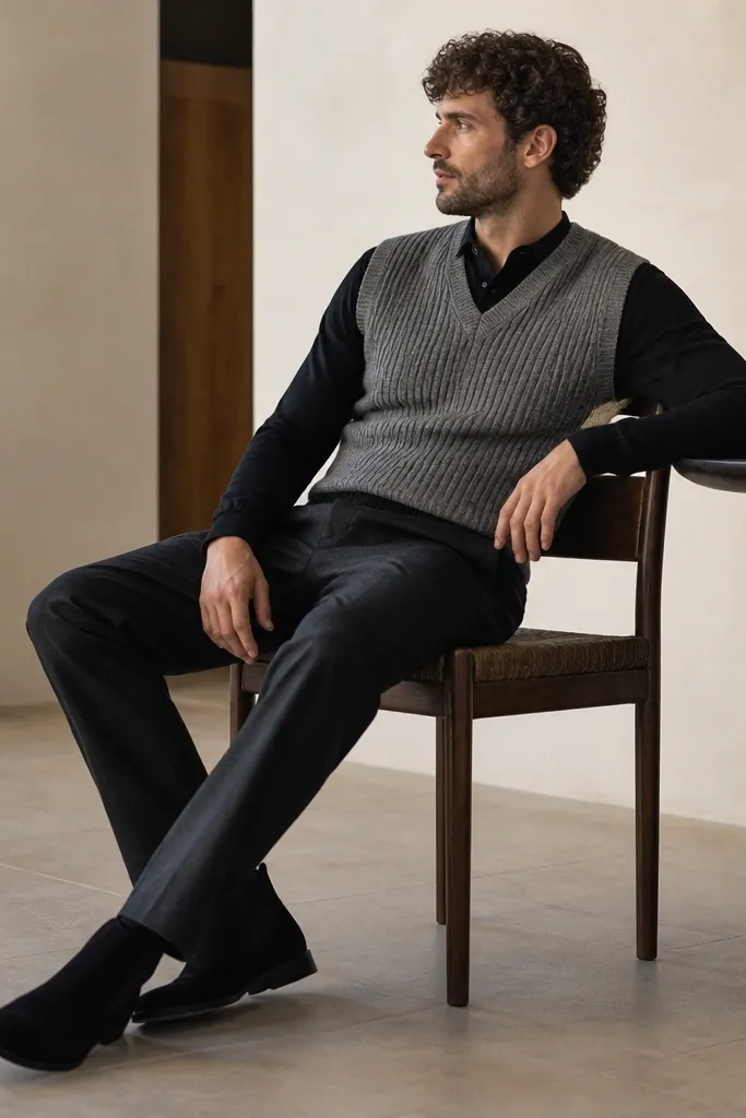 Black suede chelsea boots with black long-sleeve henley, a gray knit vest over it, and dark trousers. The vest has visible knit texture and sits snug at the waist.