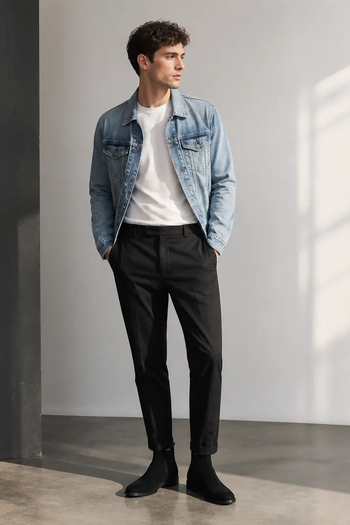 Black suede chelsea boots paired with black tapered trousers, a white crew-neck tee, and a light blue denim jacket. The denim has visible stitching and a slightly worn wash, and the outfit looks casual with clean lines.