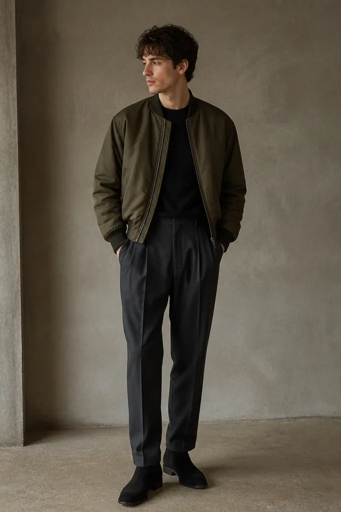 Black suede chelsea boots with charcoal pleated trousers that hang with soft folds, a black crewneck sweatshirt, and an olive bomber jacket. The bomber sits slightly cropped above the waist.