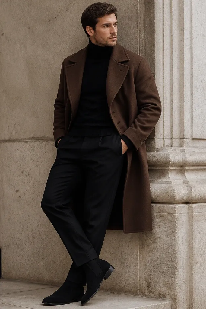 Black suede chelsea boots under black trousers, with a black turtleneck and a brown wool overcoat. The coat looks thick and structured, and the outfit is monochrome-black with a warm brown outer layer.