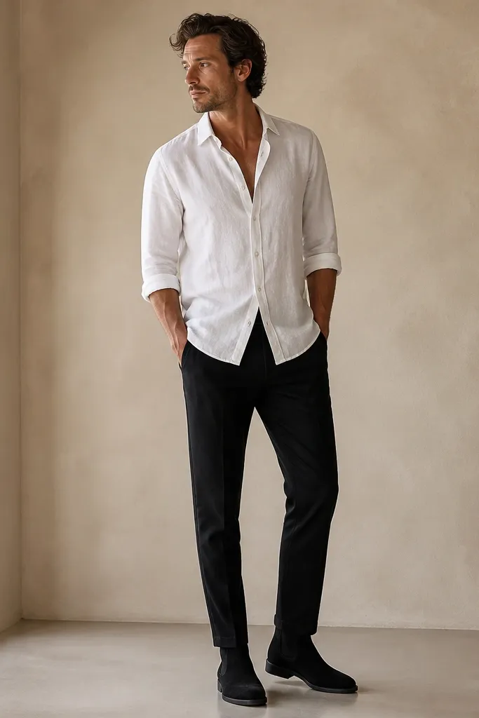 Black suede chelsea boots with black trousers, a white linen button-down worn open at the collar, rolled sleeves, and a relaxed stance. The linen looks airy with visible texture.