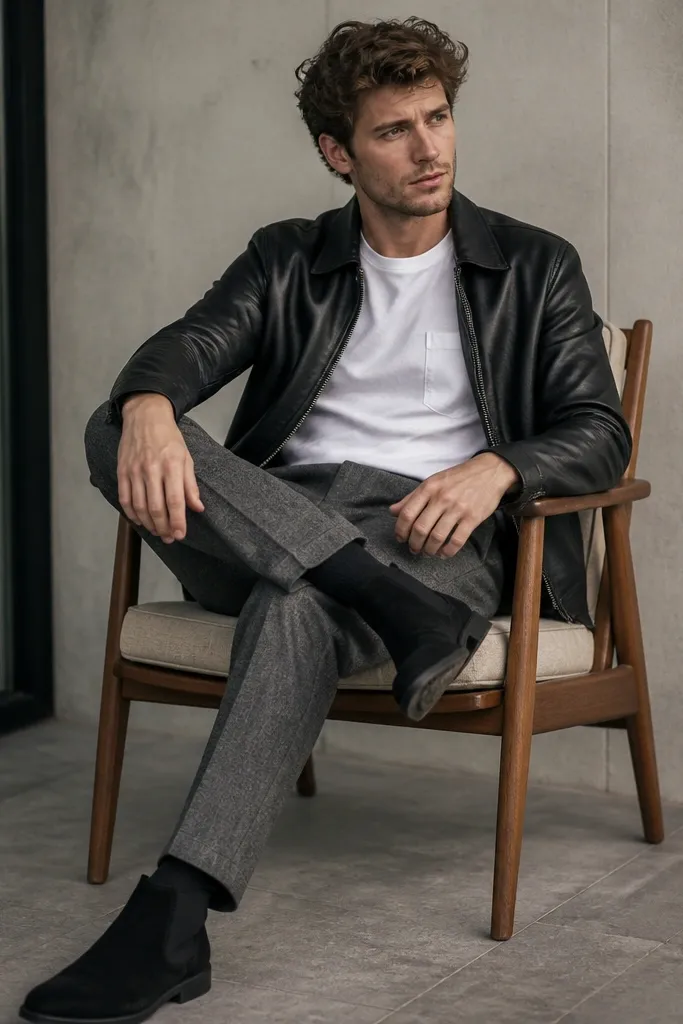 Black suede chelsea boots with gray flannel trousers, a black leather jacket, and a white pocket tee. The flannel has a soft, brushed look and the leather adds shine contrast.