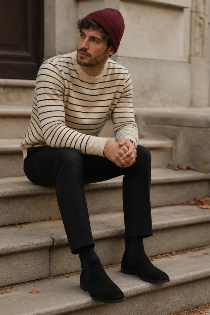 Black suede chelsea boots with black chinos, a crewneck sweater with thin horizontal stripes in cream and black, and a burgundy knit beanie. The outfit looks autumn-ready with one clear accent color.