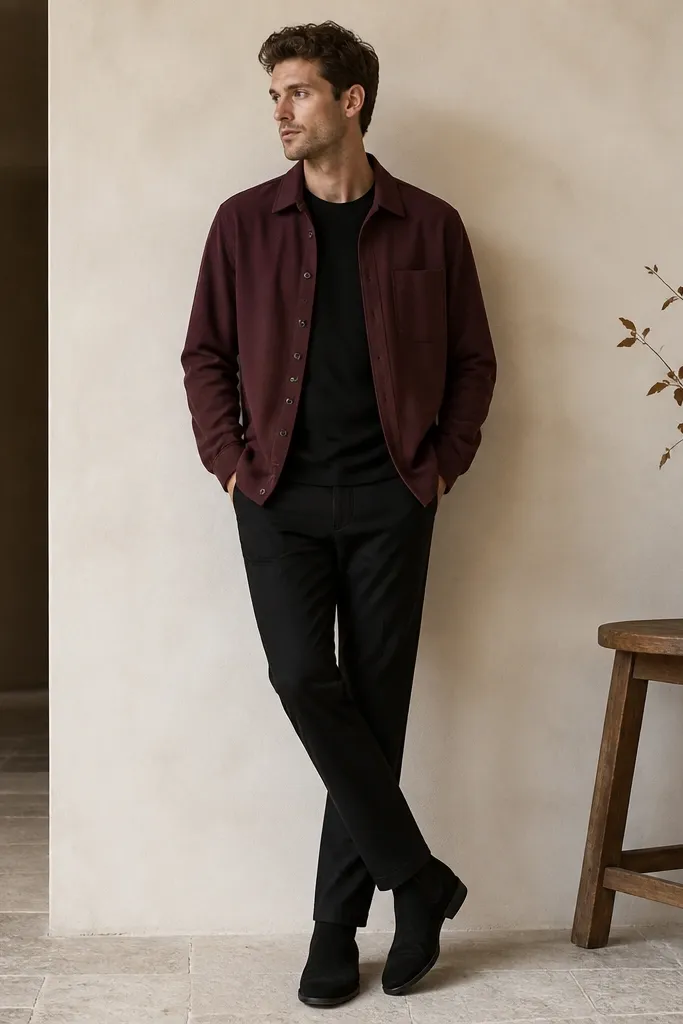 Black suede chelsea boots with black slim trousers, a black t-shirt, and a burgundy overshirt. The overshirt has a matte finish and falls to the hips.
