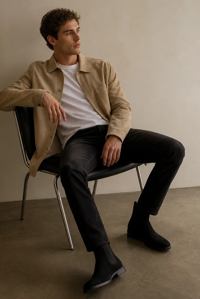 Black suede chelsea boots with black jeans, a white crew tee, and a sand-colored overshirt. The overshirt looks like suede or brushed cotton and has a casual but structured cut.