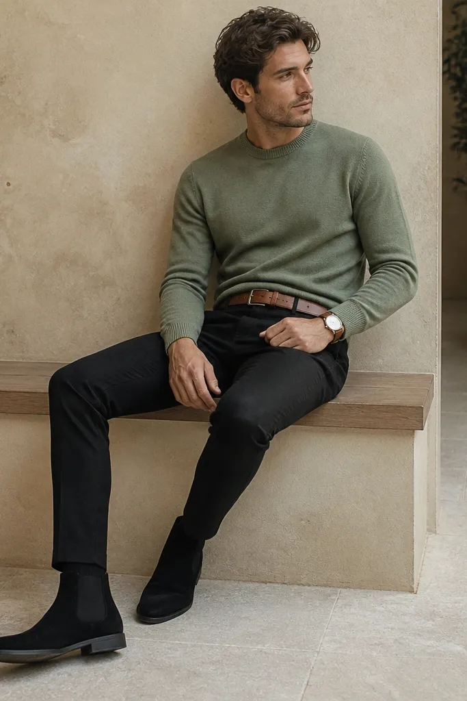 Black suede chelsea boots with black trousers, a sage green sweater, and tan leather accessories like a belt and watch strap. The outfit has a calm, muted color palette.