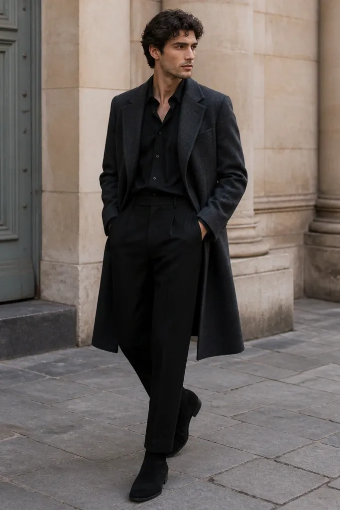 Black suede chelsea boots with black tailored trousers, a black shirt, and a charcoal overcoat. The overcoat is mid-calf and structured, with clean lapels.