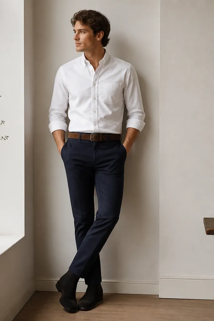 Black suede chelsea boots with navy chinos that taper to the ankle, a crisp white button-down shirt, and a dark brown suede belt. The outfit looks preppy but grounded.