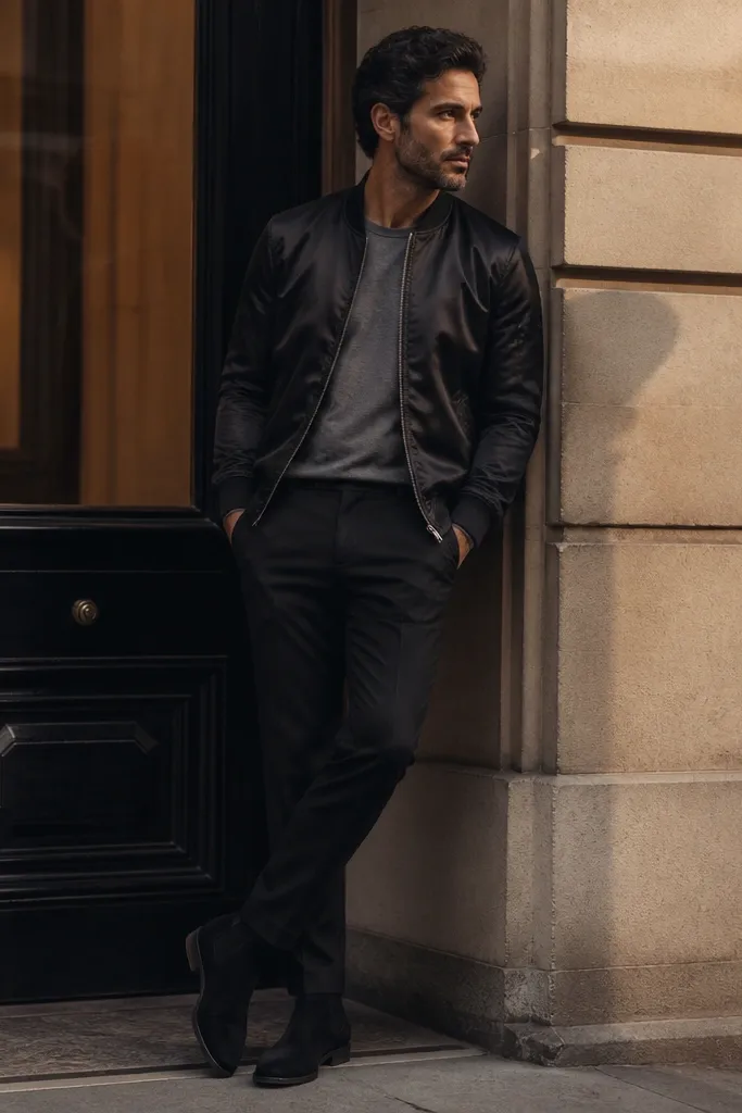 Black suede chelsea boots with black trousers, a gray crew tee, and a bomber jacket that has a subtle satin sheen. The look is night-ready and sleek.