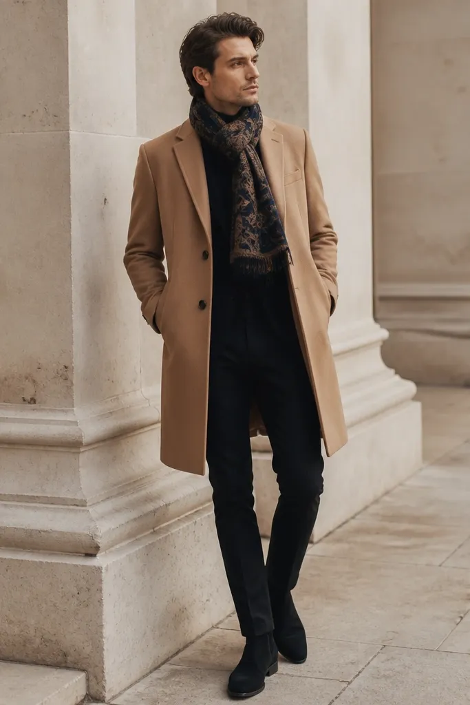 Black suede chelsea boots with black trousers, a camel overcoat, and a printed scarf (muted pattern with black and tan). The outfit uses the scarf as the only secondary pattern.