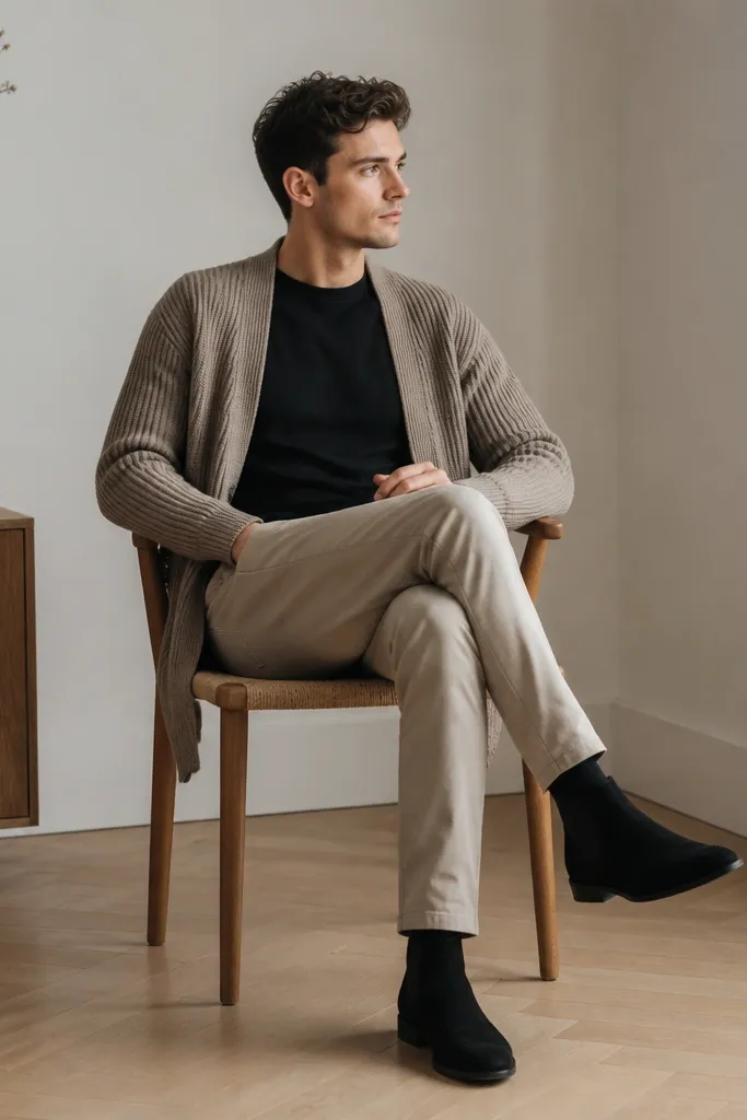Black suede chelsea boots with beige chinos that taper, a black tee, and a layered knit cardigan in a neutral tone. The cardigan is worn open, showing the tee clearly.