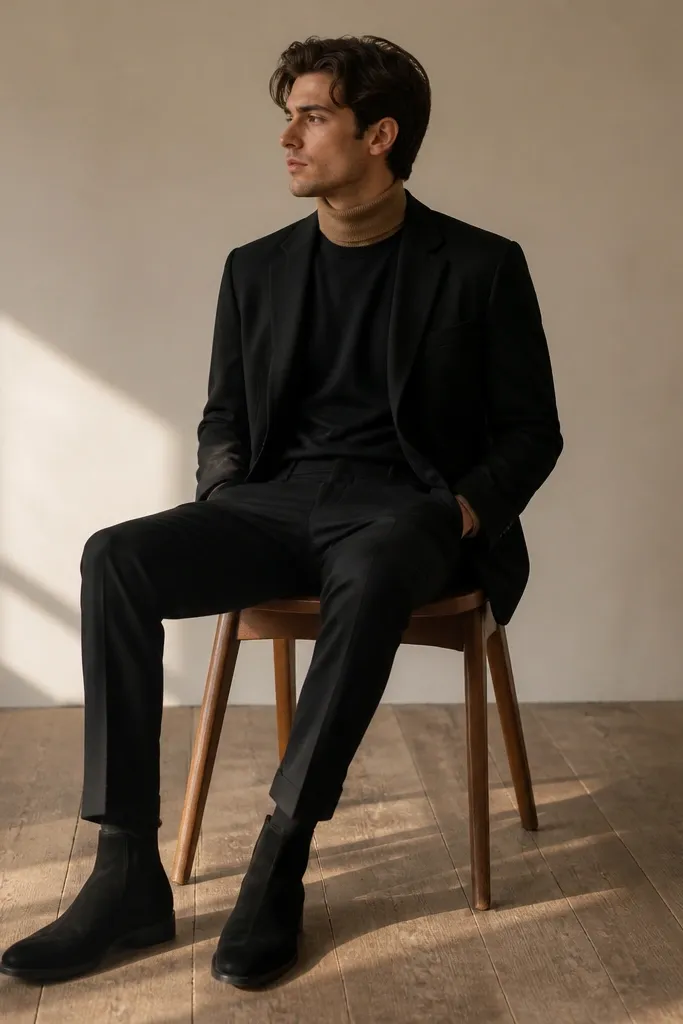 Black suede chelsea boots with black trousers, a black t-shirt under a camel turtleneck layer. The turtleneck is visible at the neck and has a clean fold.