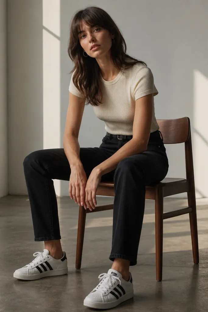 A model in a cream ribbed crew-neck tee tucked into black slim jeans, white Superstar sneakers with three black stripes, and a thin black belt. Natural window light shows the rubber toe cap and clean laces.