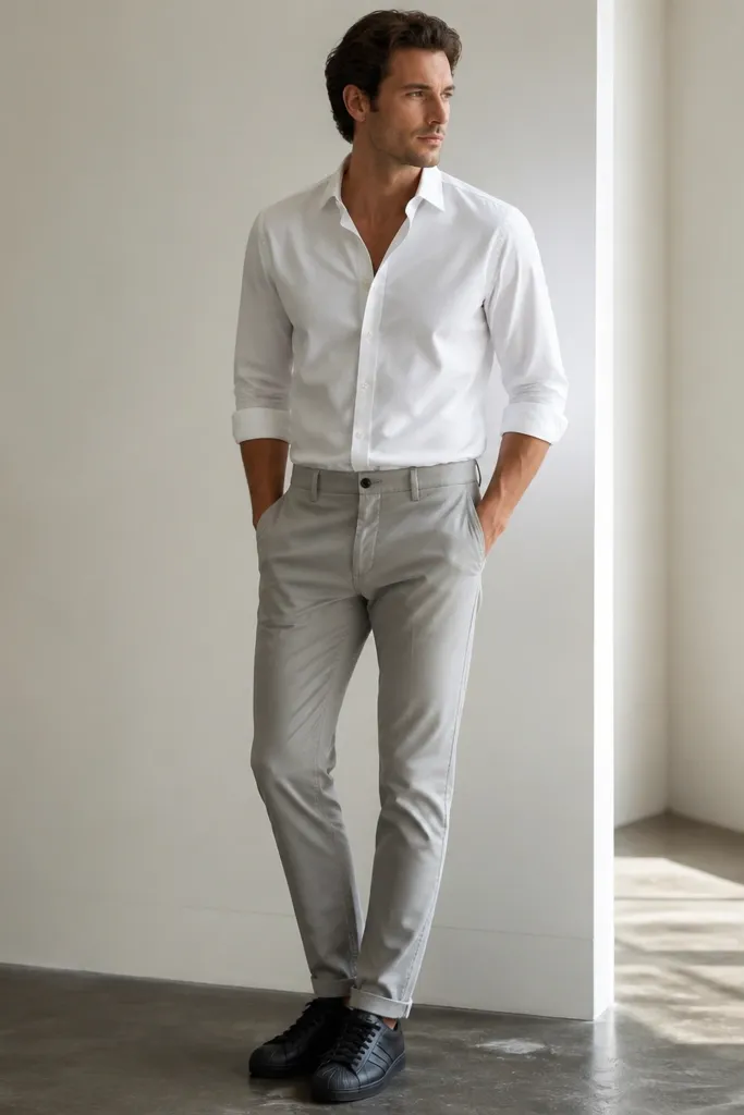 A model wearing black leather Superstar sneakers, light gray chinos, and a crisp white Oxford button-down worn slightly open at the collar. The shirt is tucked neatly with sleeves rolled to mid-forearm.