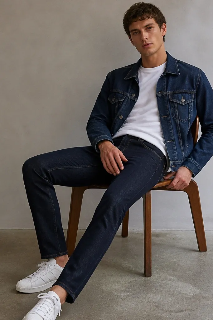 A model layered in an indigo denim jacket over a white crew-neck tee, dark wash jeans, and white Superstars. The jacket cuffs are buttoned and the outfit shows contrast between medium and dark denim.