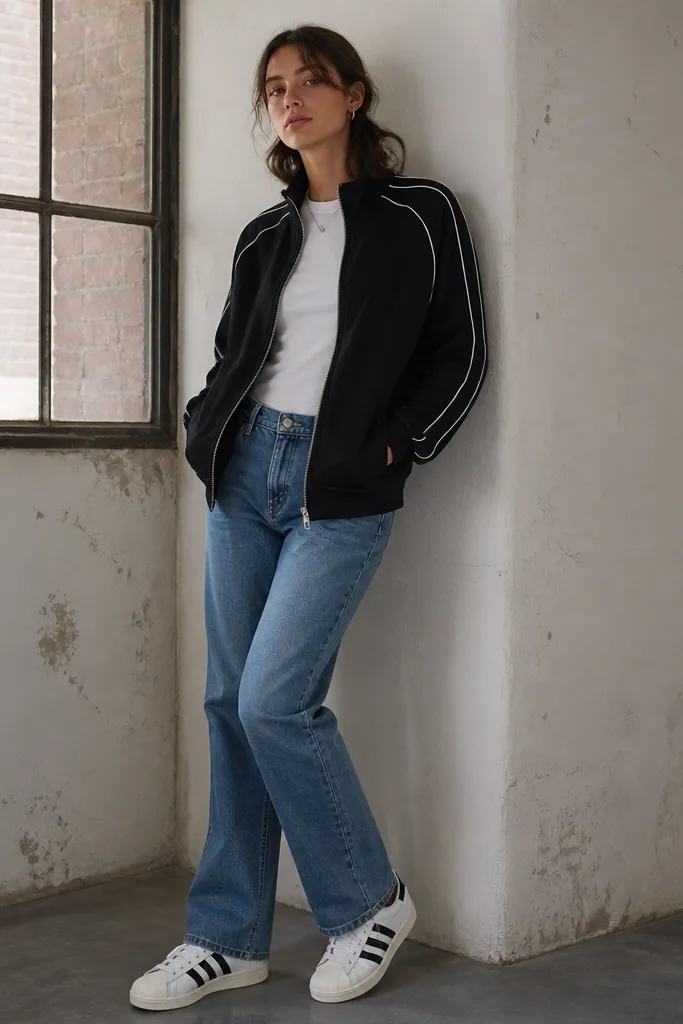 A model wearing a black zip track jacket with white piping, straight-leg medium wash jeans, and black-and-white Superstar sneakers. The jacket is unzipped halfway and the tee is plain white.
