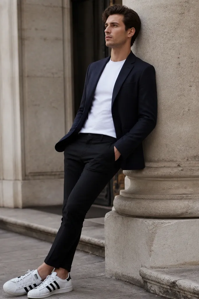 A model in a navy blazer over a fitted white crew tee, black skinny trousers, and white Superstars. The blazer has a clean lapel and the trousers show a narrow ankle.
